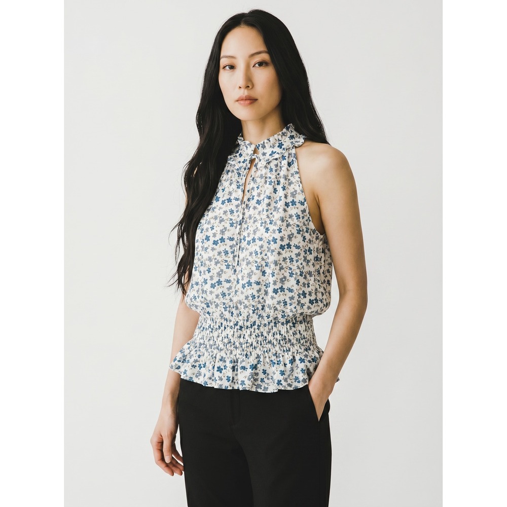 GIGIO USA‎ Blue Floral Smocked Peplum Halter Top TA2235 White Large